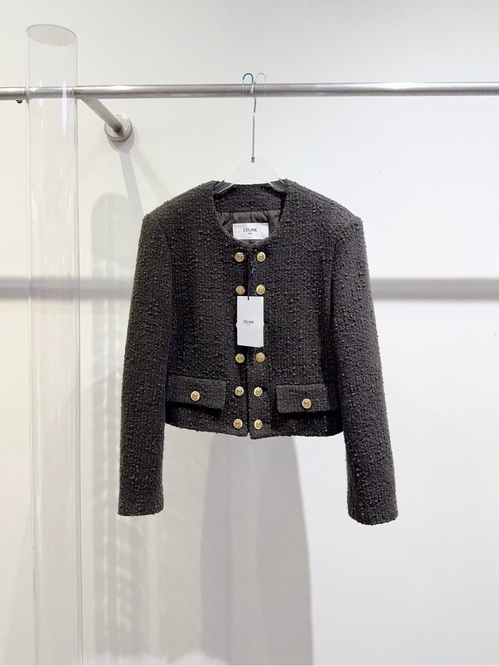 Celine Black Bouclé Cropped Jacket with Gold Buttons